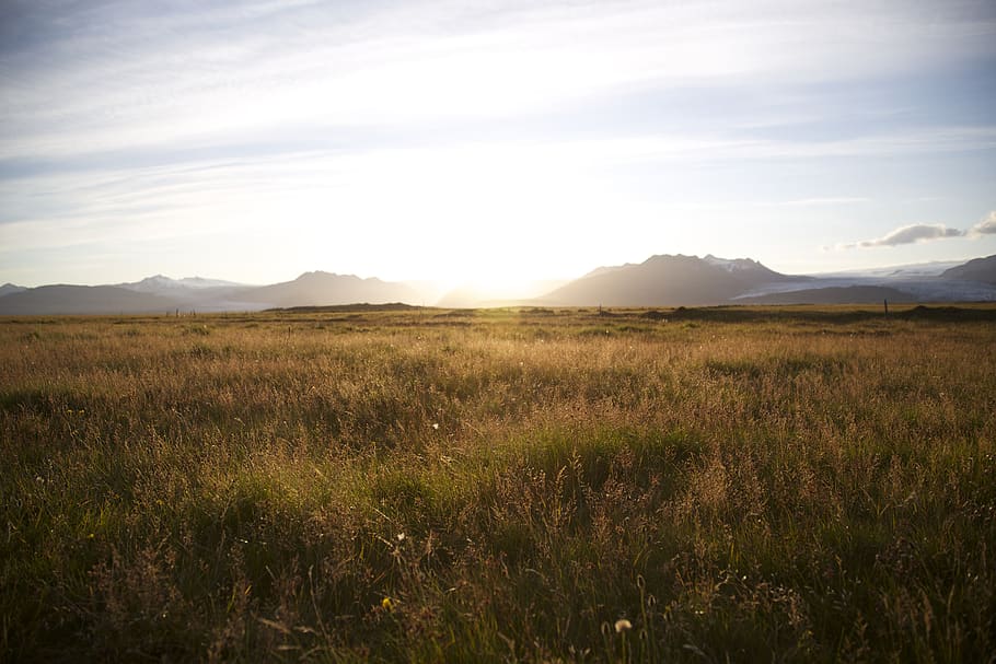 iceland, mountains, sunset, field, outdoor, clouds, beauty in nature HD wallpaper