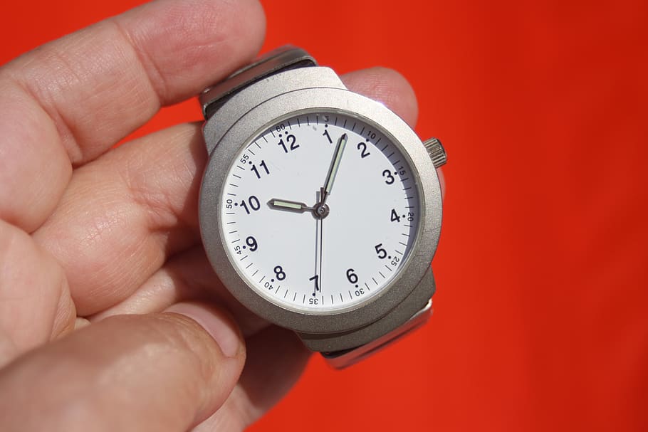 Person Holding Grey Round Analog Watch at 10:07, dial, hand, steel HD wallpaper