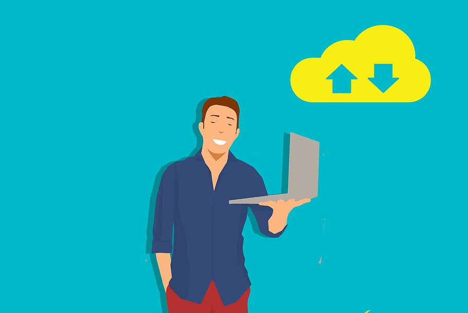 Illustration of man using cloud services, laptop, user, arrow HD wallpaper