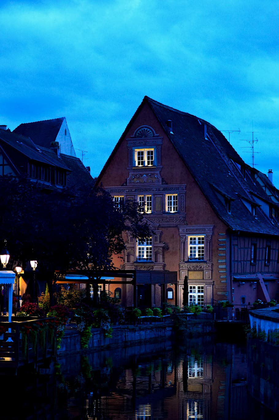 france, colmar, night, light, water, building exterior, architecture HD wallpaper
