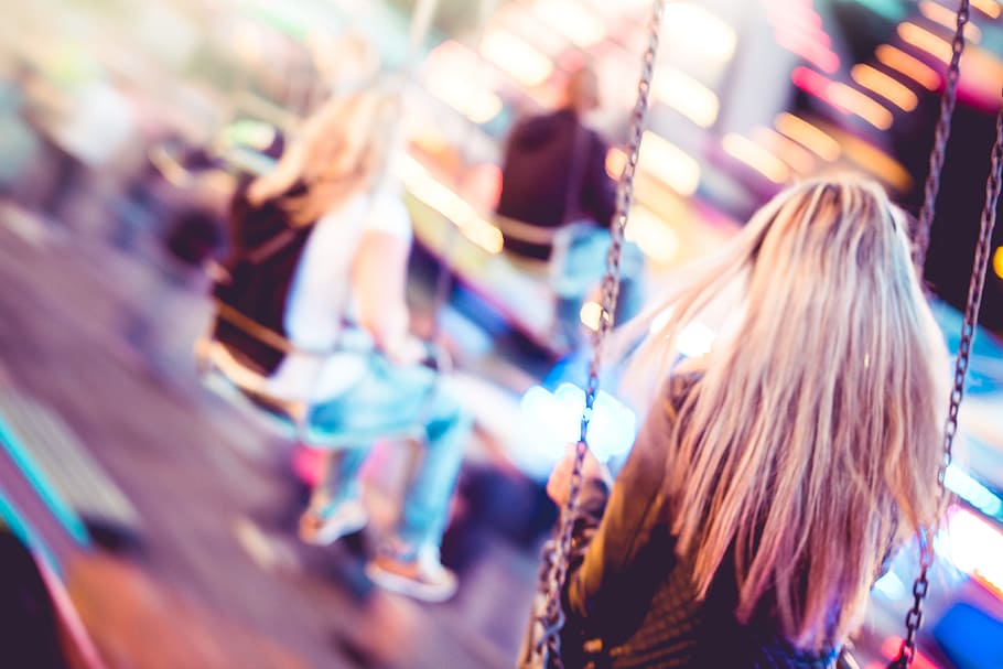 Woman on Carousel Swing Ride, abstract, blur, blurred, bokeh HD wallpaper