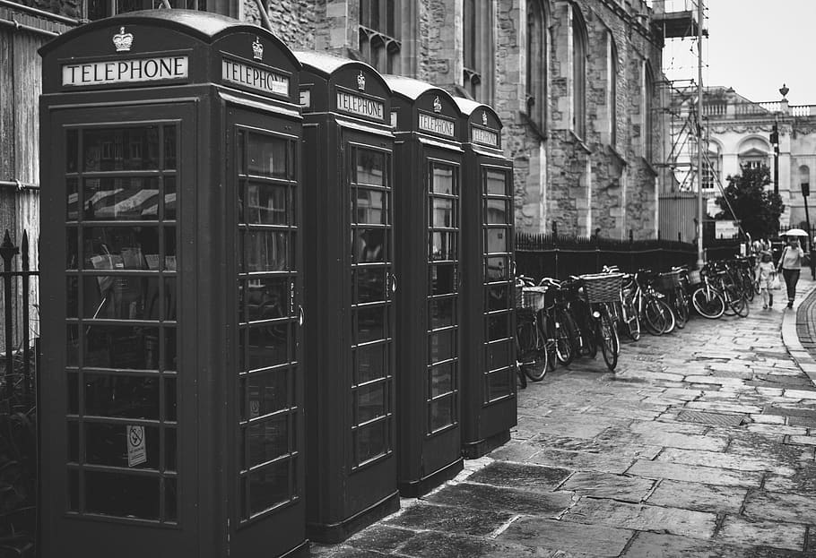 grayscale photo of four telephone booths lined up, architecture, HD wallpaper