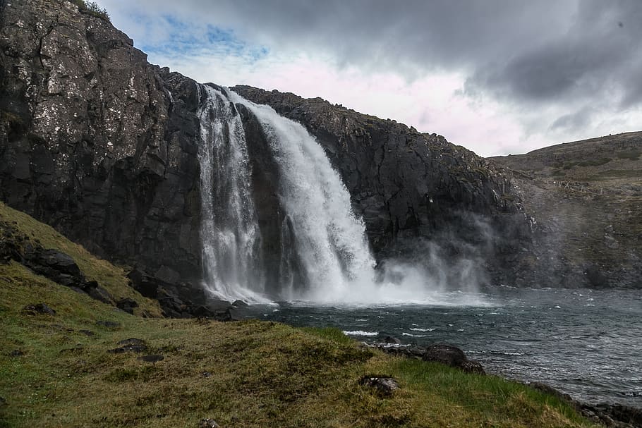 Waterfalls, clouds, daylight, environment, grass, landscape, long exposure HD wallpaper