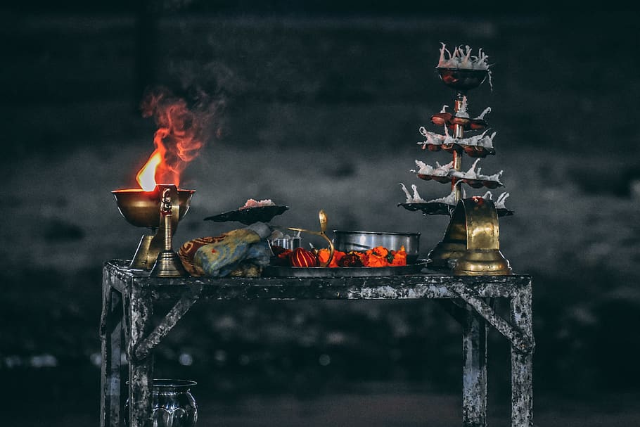 Table With Kitchen Utensils, blurred background, burn, colors HD wallpaper