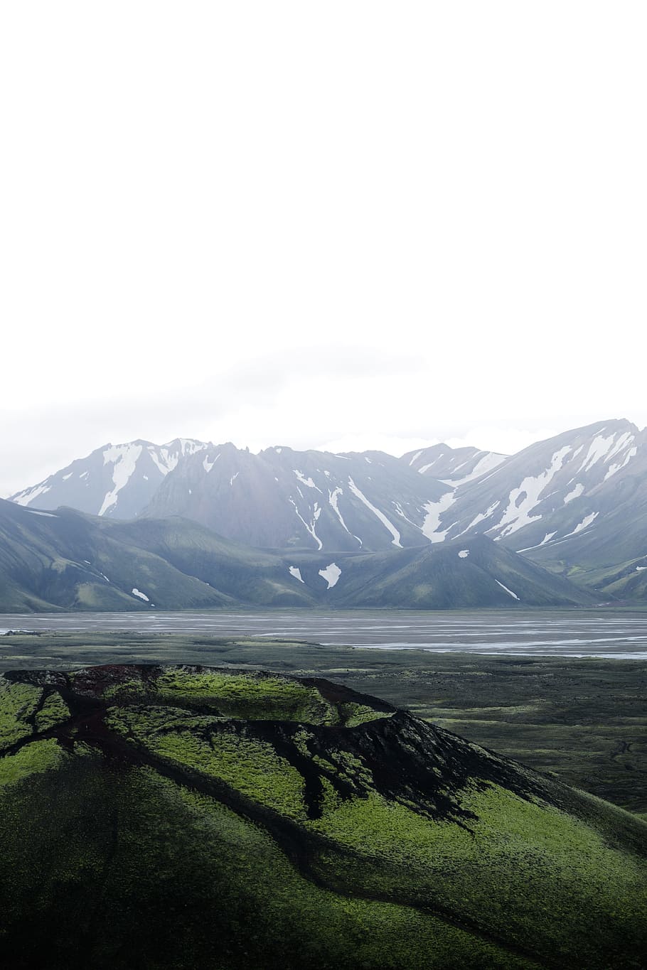 landscape photography of green mountains, water, grass, volcano HD wallpaper