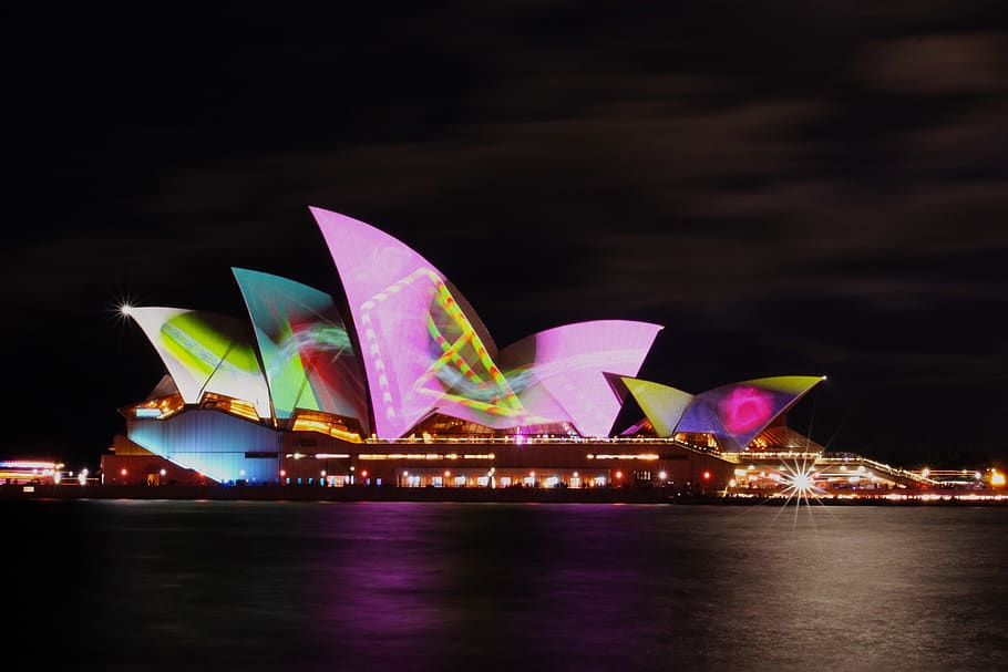 lighted Sydney Opera House at night, illuminated, water, city HD wallpaper