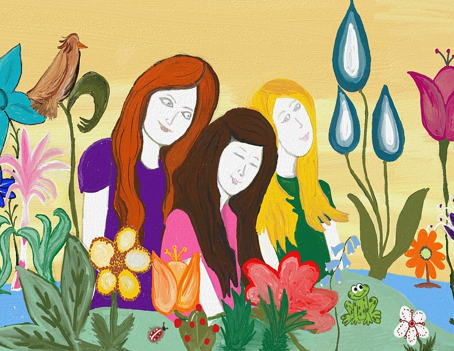 drawing, sisters, flowers, creativity, art and craft, multi colored HD wallpaper