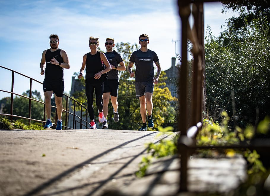 three men running on road, human, person, exercise, sport, sports HD wallpaper