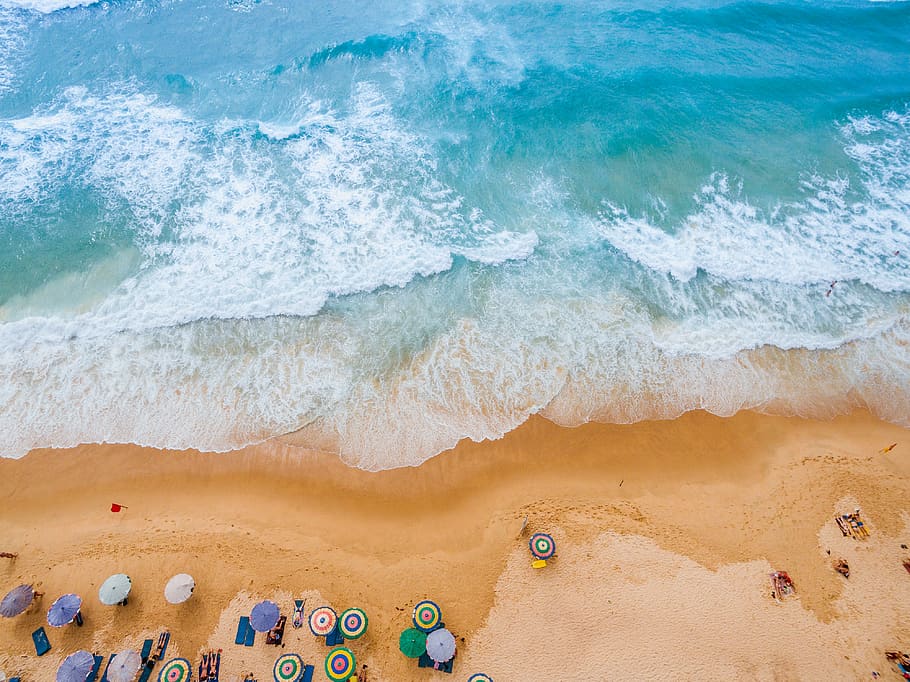 Aerial of Beach, bird's eye view, blue, daylight, landscape, ocean, HD wallpaper