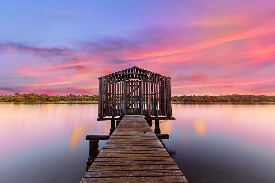Brown Wooden Dock on Calm Body of Water, clouds, cloudscape, dawn HD wallpaper