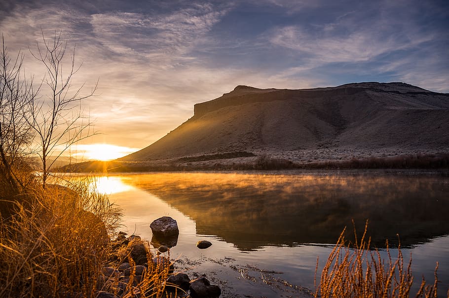 Mountain Near Body Of Water, dawn, landscape, nature, scenic HD wallpaper