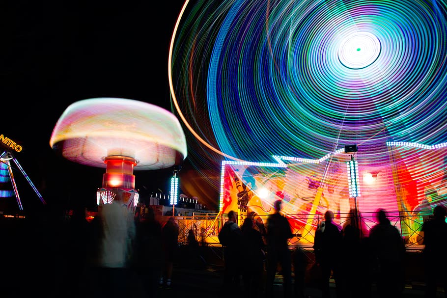 fun, carnival, lights, ferris, wheel, round, motion, long, exposure HD wallpaper
