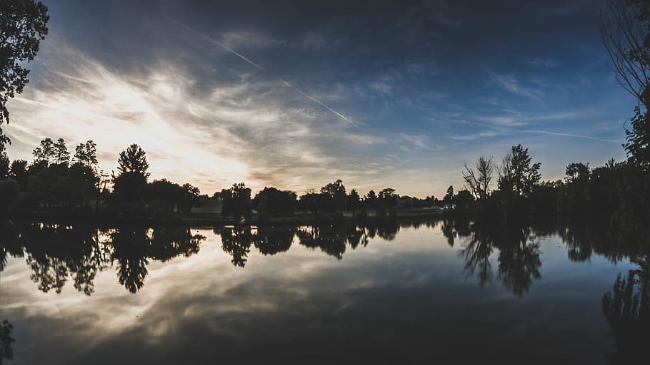 trees, lake, nature, hdr, sunset, sky, reflection, water, tranquility HD wallpaper