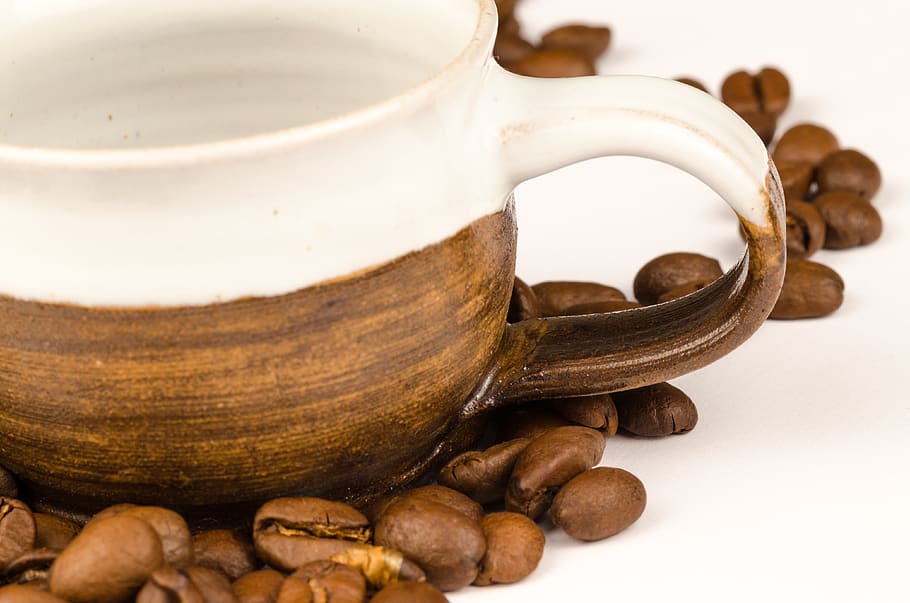 Brown Nuts and Brown Ceramic Tea Cup, aroma, background, beans HD wallpaper