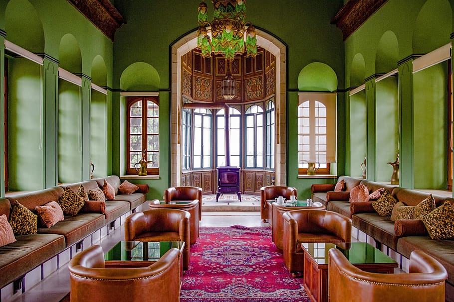 room, oriental, palace, sofa, bench, armchair, stove, chandelier HD wallpaper
