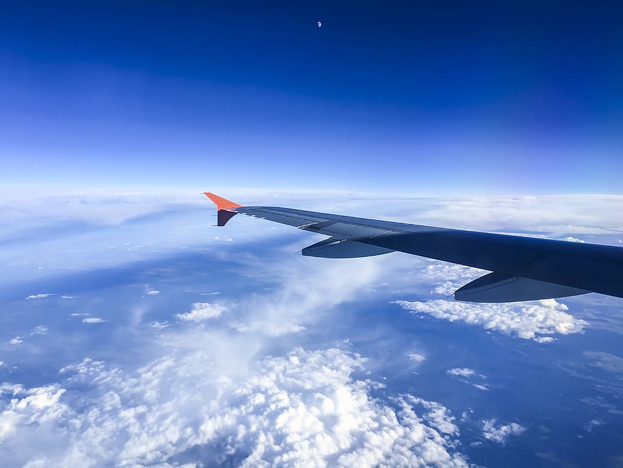 flight, plane, airplane, wing, clouds, blue, engines, skyline HD wallpaper