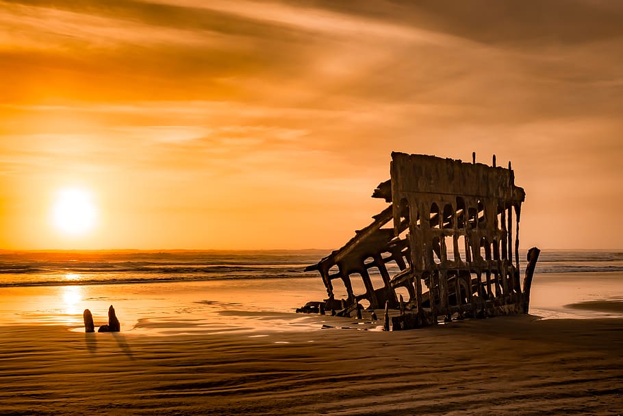 united states, wreck of the peter iredale, sunset, peter iredale shipwreck, HD wallpaper