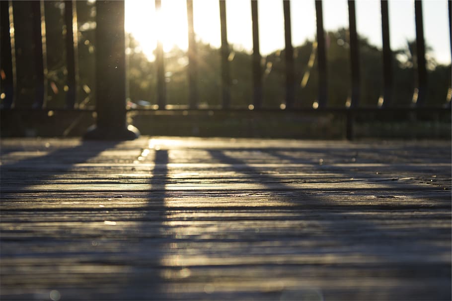 wood, deck, railing, sunset, shadows, yard, sunlight, nature HD wallpaper
