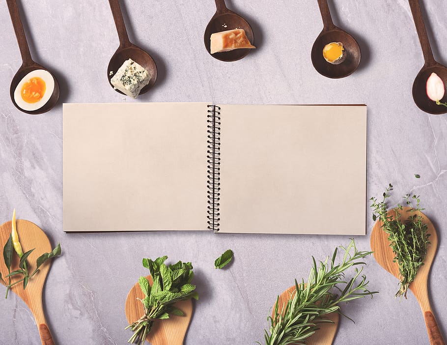 menu, notebook, background, spices, wooden spoon, herbs, eat