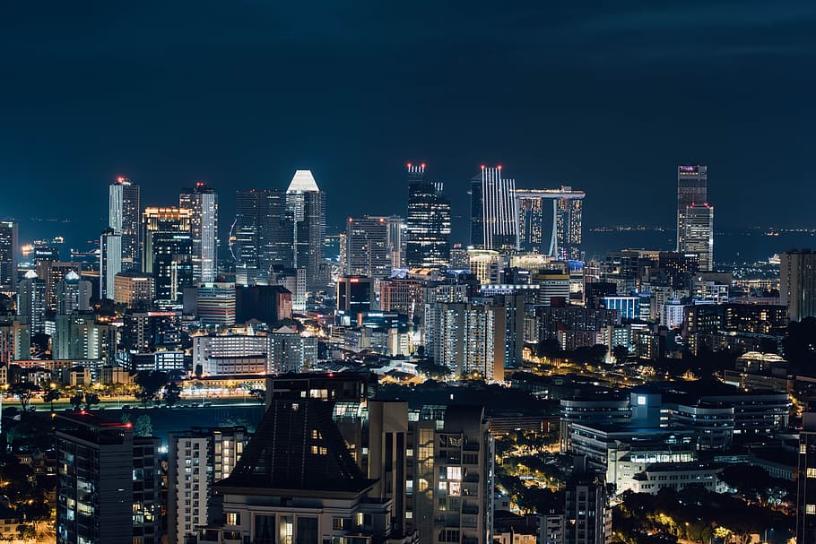 architectural photography of city buildings, night, cityscape HD wallpaper