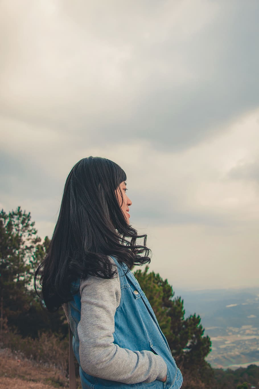 Woman in Gray and Blue Jacket, clouds, daylight, girl, grass HD wallpaper