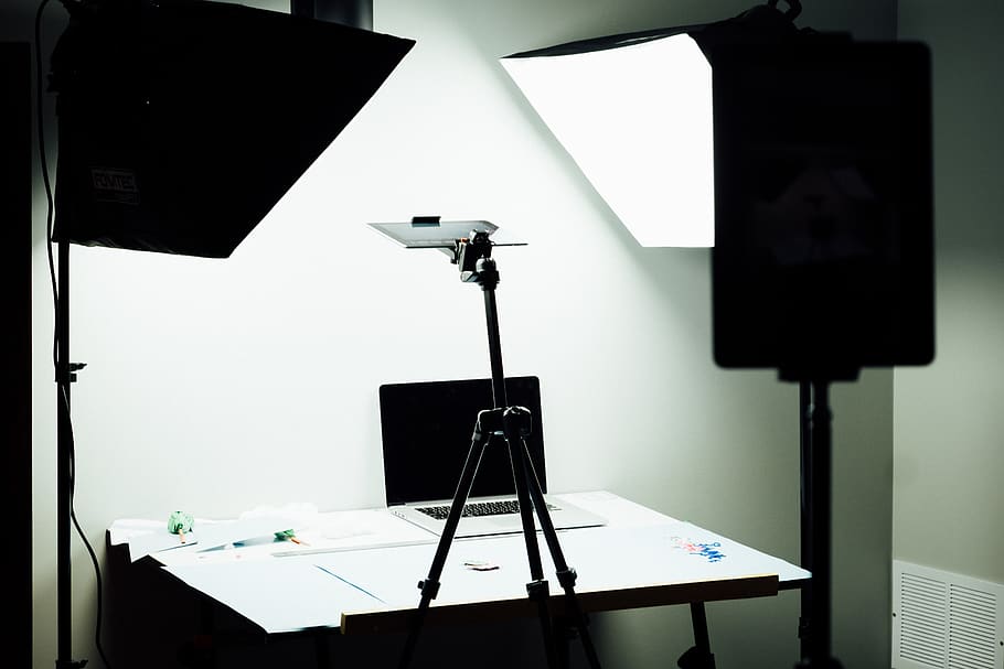 white soft box and desk, lighting equipment, arts culture and entertainment HD wallpaper