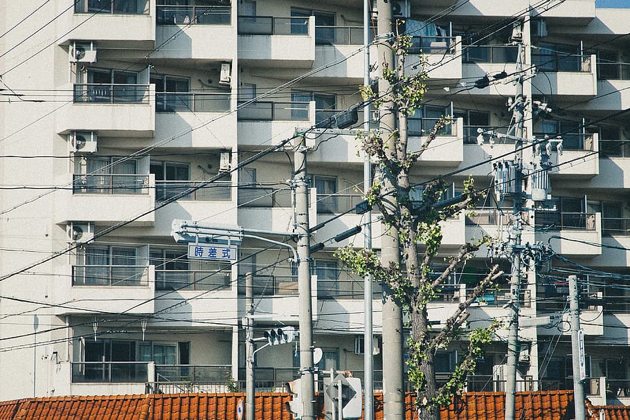 japan, buildings, geometry, wires, poles, abstract, modern HD wallpaper