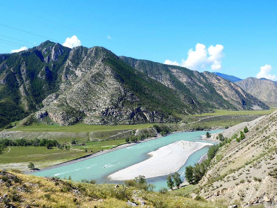 altai, mountains, river, summer, landscape, travel, clouds HD wallpaper