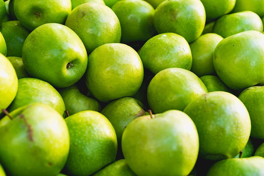 apples, green, fruit, market, stem, food, fresh, healthy, healthy eating HD wallpaper