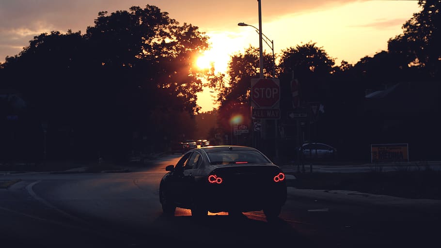 sunset, car, trees, silhouette, transportation, mode of transportation HD wallpaper