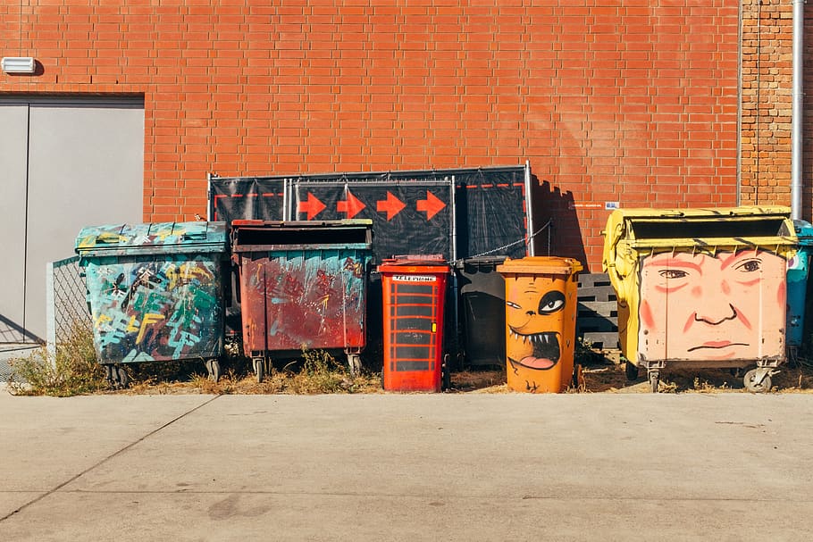 assorted-color trash bins, wall, graffiti, art, belgium, painting, HD wallpaper