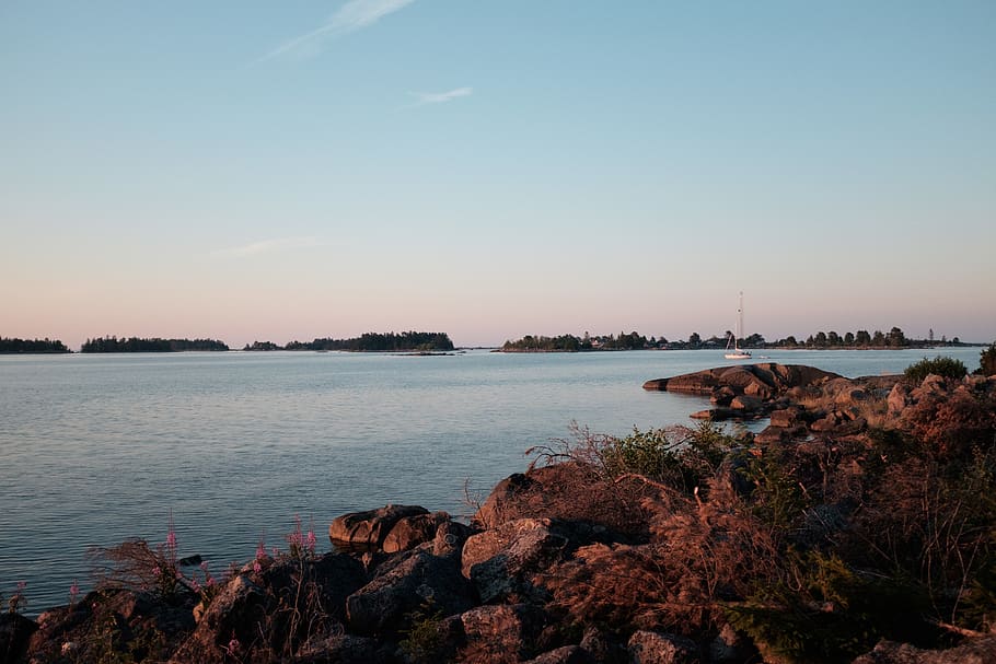 sweden, söderhamn, cliffs, sea, bathing, sunset, summer, calmness HD wallpaper