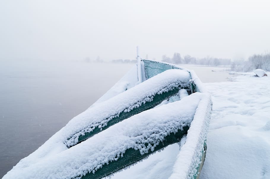 russia, irkutsk, angara, syberia, frozen, boat, cold, ice, fog, HD wallpaper