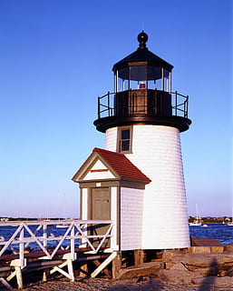 White and Black Lighthouse Near Sea, architecture, beacon, brant point light HD wallpaper