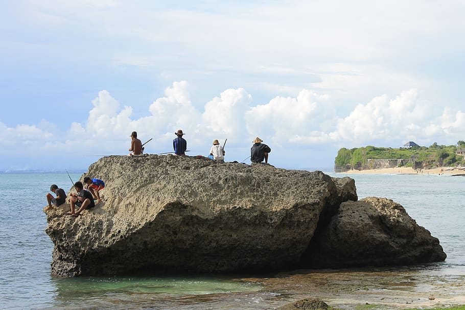 water, rock - object, solid, sky, cloud - sky, group of people HD wallpaper