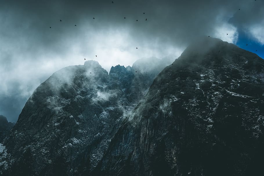 mountain range under cloudy sky, nature, outdoors, peak, bird HD wallpaper