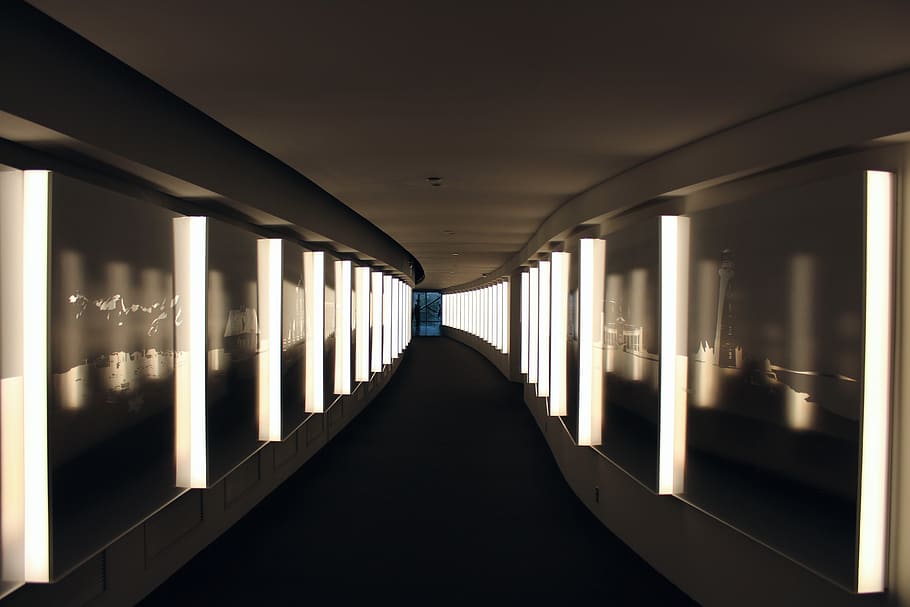 hallway, lights, corridor, architecture, floor, building, interior HD wallpaper