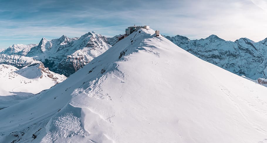 Mountain Covered With Snow, altitude, bird's eye view, clouds HD wallpaper