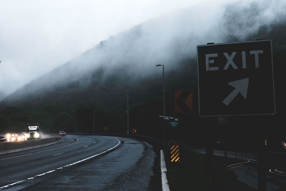 Black and White Exit Signage on Roadside, action, arrow, asphalt HD wallpaper