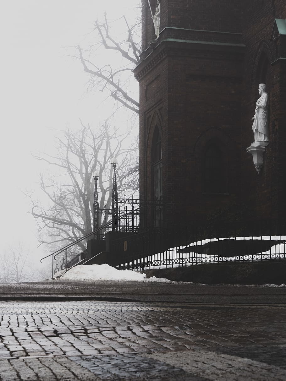 snow covered brick pathway photo, cathedral of saint henry, finland HD wallpaper
