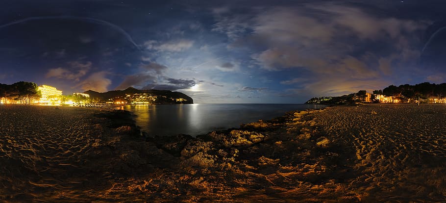 Brown Sand Pavement, clouds, dark, idyllic, lights, panoramic HD wallpaper