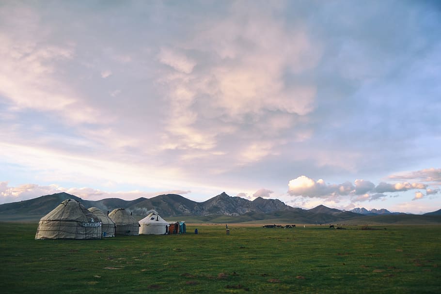 kyrgyzstan, song-kul, mountains, sky, nomads, yurtas, cloud - sky, HD wallpaper