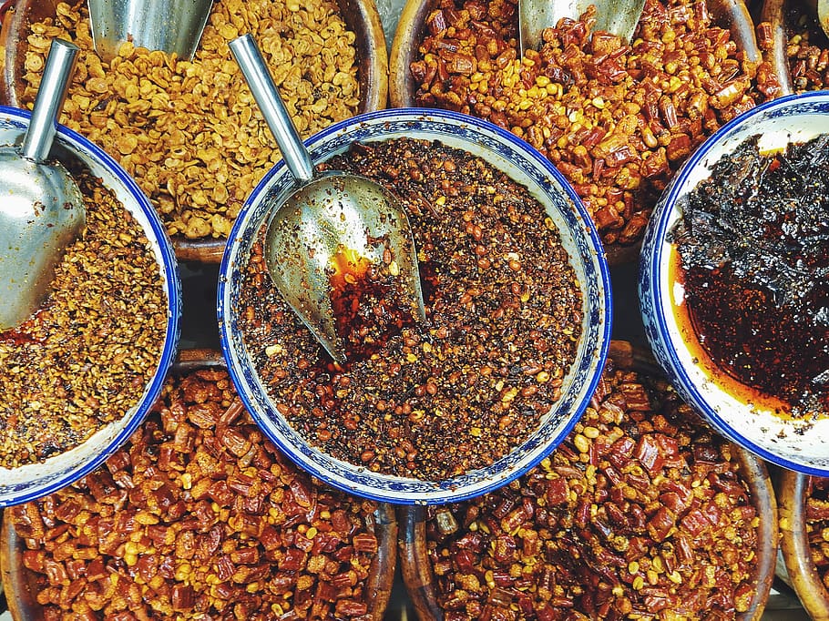 assorted spices on bowls, food and drink, high angle view, freshness HD wallpaper