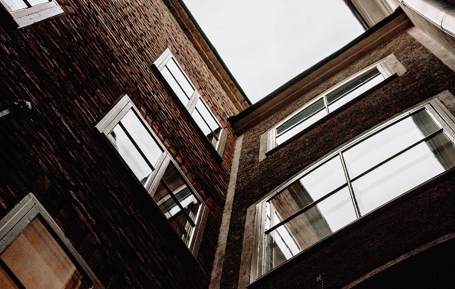 low angle photography of brown building, window, glass, reflection HD wallpaper