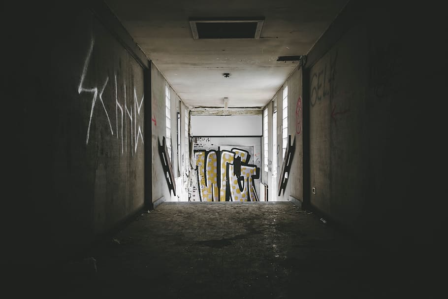 gray skateboard, building, inside, moody, graffiti, light, shadow HD wallpaper
