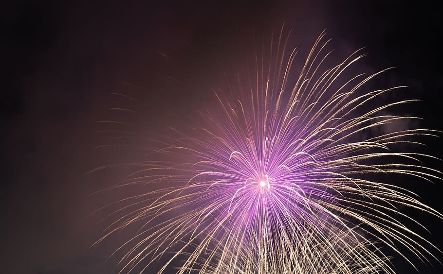white and pink fireworks on sky, night, outdoors, illuminate