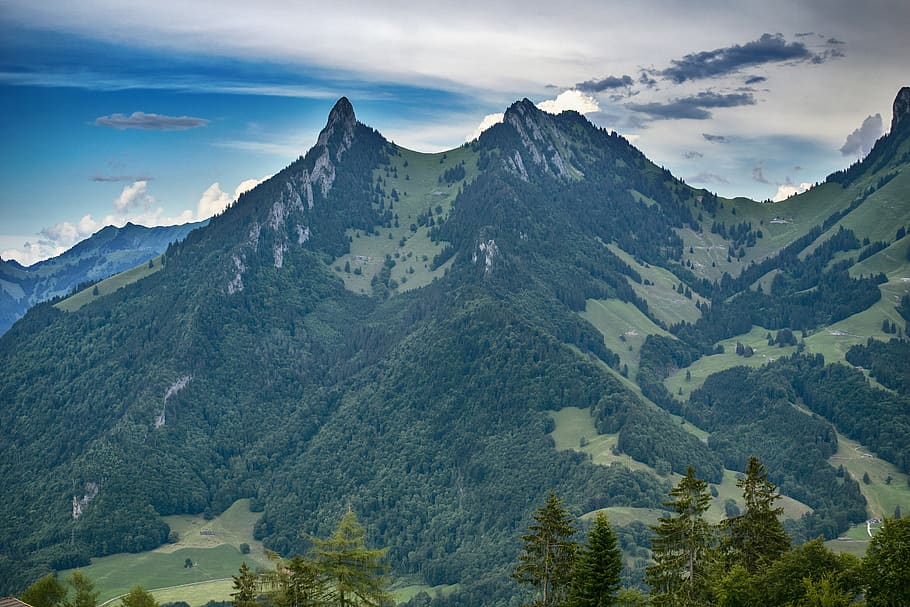 mountain, clouds, panorama, green, switzerland, beauty in nature HD wallpaper