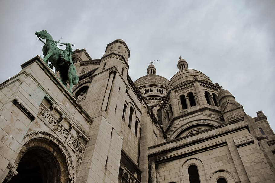 paris, france, sacré-cœur basilica, church, statue, low angle view, HD wallpaper