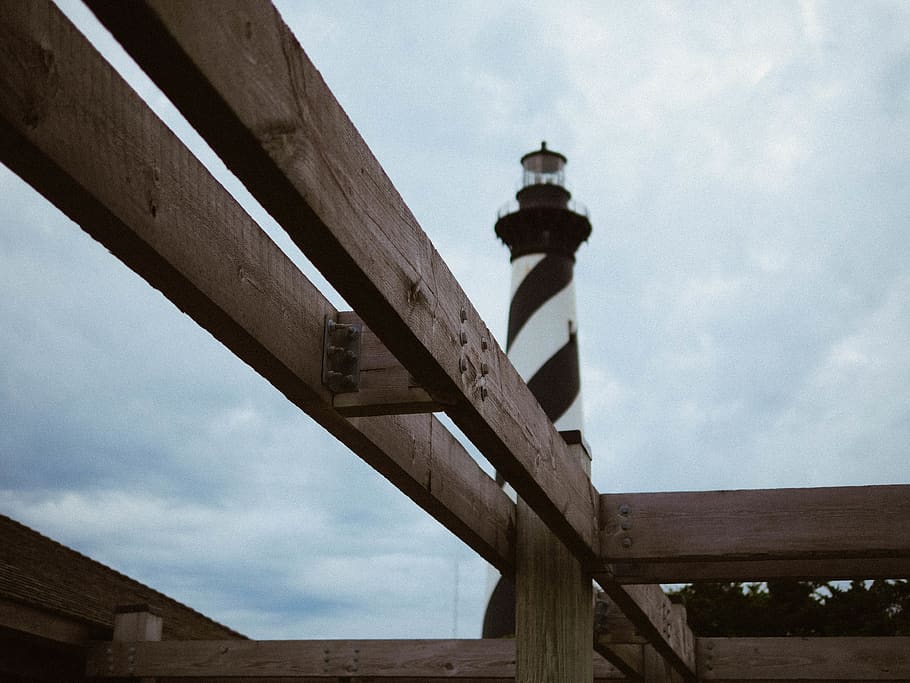structure, lighthouse, stripes, wood, board, seaside, sky, cloud - sky HD wallpaper