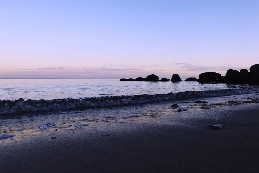 wave, sand, stones, beach, autumn, colors, evening, water, sky HD wallpaper